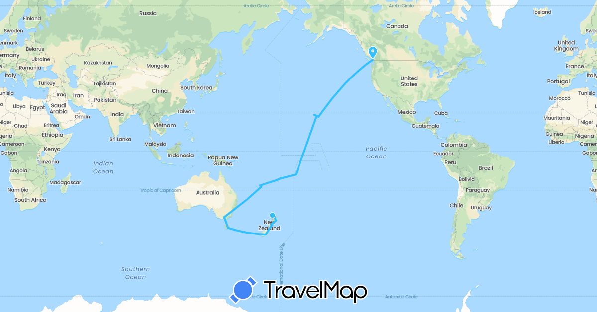 TravelMap itinerary: driving, boat in Australia, Canada, Fiji, New Caledonia, New Zealand, United States (North America, Oceania)